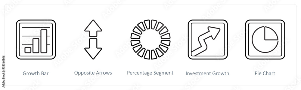 A set of 5 diagram and report icons such as growth bar, opposite arrows
