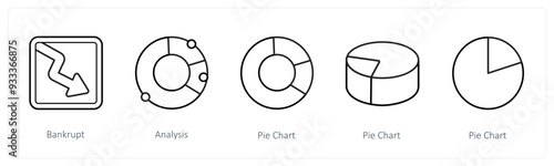 A set of 5 diagram and report icons such as bankrupt, analysis, pie chart