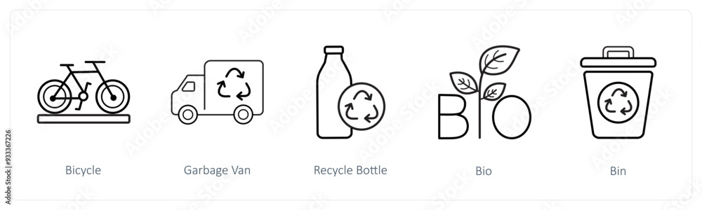 A set of 5 weather icons such as bicycle, garbage van A set of 5 weather icons such as bicycle, garbage van