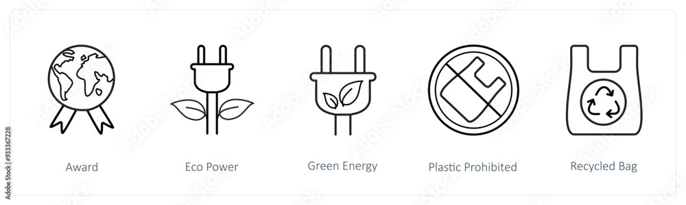 A set of 5 weather icons such as award, eco power, green energy A set of 5 weather icons such as award, eco power, green energy