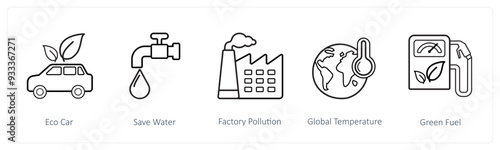 A set of 5 weather icons such as eco car, save water, factory pollution