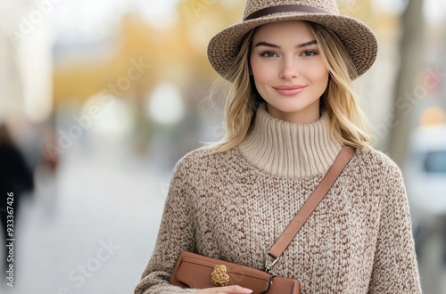 Young woman in stylish outfit posing outdoors in city in autumn