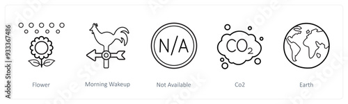 A set of 5 weather icons such as flower, morning wakeup