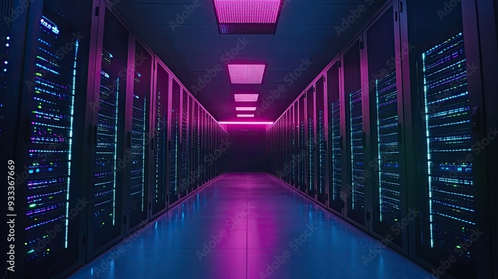 Fototapeta premium Rows of servers with glowing lights in a server room.