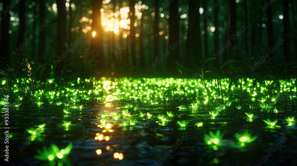 Obraz premium Enchanted Eerie Swamp with Glowing Willowisps and Decayed Trees - Ultra HD Landscape with Copy Space for Text