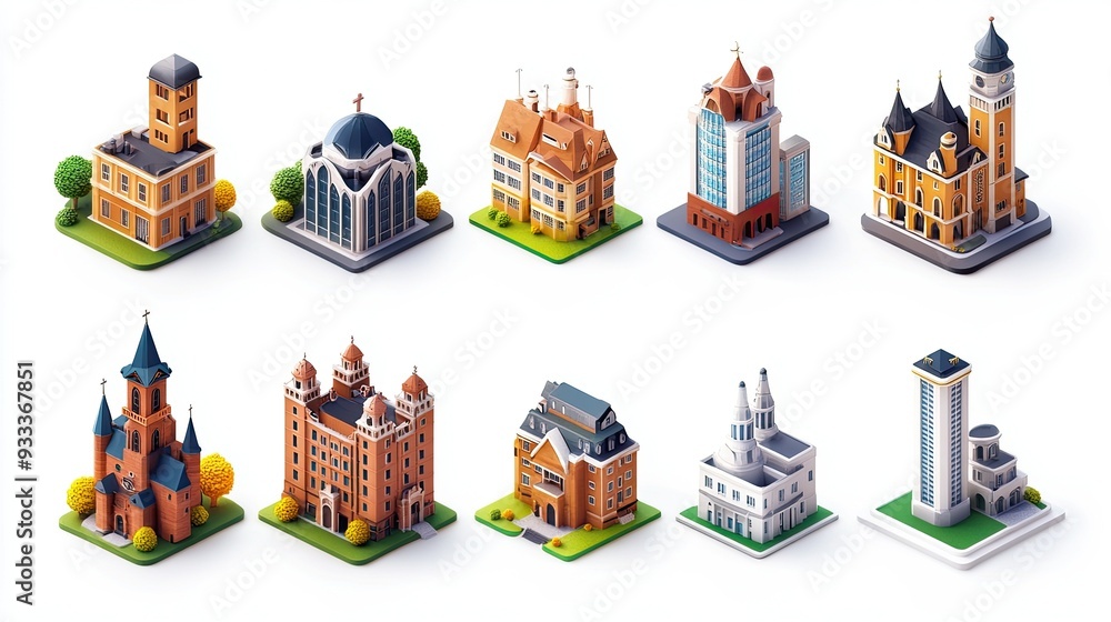 Set of 8 colorful isometric 3D building models in various styles with green grass and trees. Set of 8 colorful isometric 3D building models in various styles with green grass and trees.