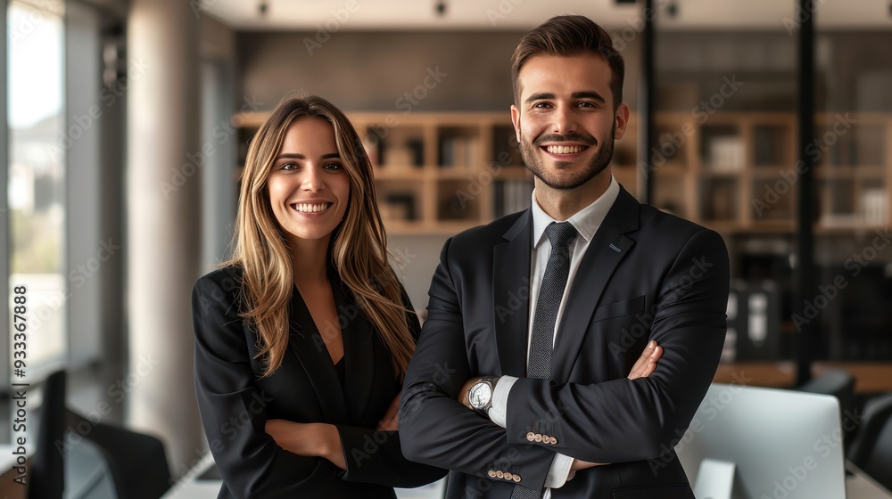 Professional portrait of a happy business man and woman in sleek office. Professional portrait of a happy business man and woman in sleek office.