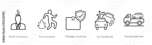 A set of 5 insurance icons such as driver insurance, fire insurance