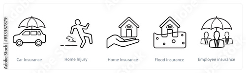 A set of 5 insurance icons such as car insurance, home injury