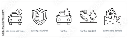 A set of 5 insurance icons such as car insurance value, building insurance