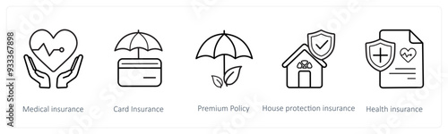 A set of 5 insurance icons such as medical insurance, card insurance