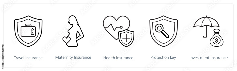 A set of 5 insurance icons such as travel insurance, maternity insurance A set of 5 insurance icons such as travel insurance, maternity insurance