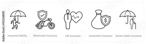 A set of 5 insurance icons such as insurance liability, motorcycle insurance