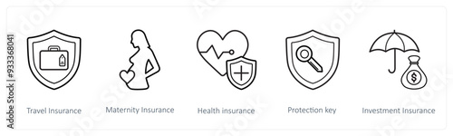 A set of 5 insurance icons such as travel insurance, maternity insurance