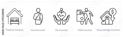 A set of 5 insurance icons such as property insurance, insurance cover