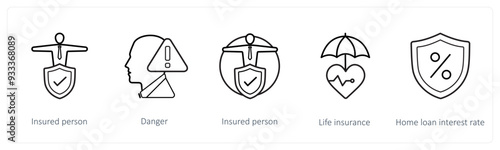 A set of 5 insurance icons such as insured person, danger, life insurance