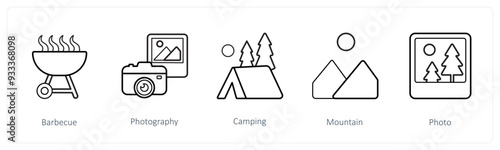 A set of 5 travel and vacation icons such as barbecue, photography, camping