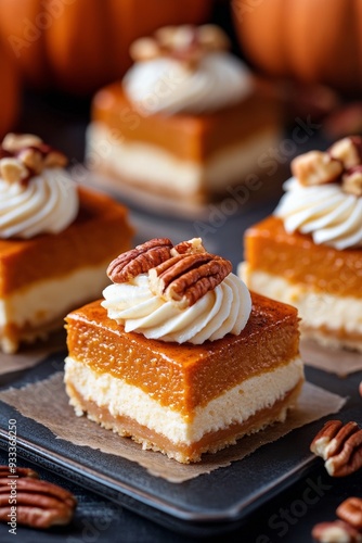 Pumpkin dessert squares topped with whipped cream and pecans on a rustic table