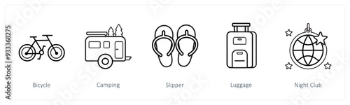 A set of 5 travel and vacation icons such as bicycle, camping, slipper