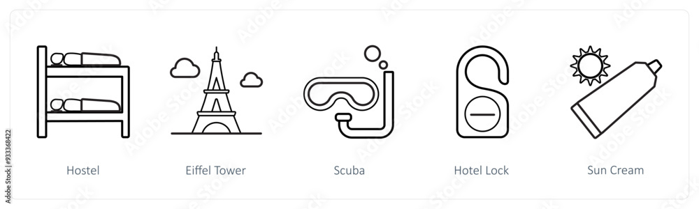 A set of 5 travel and vacation icons such as hotel, eiffel tower, scuba