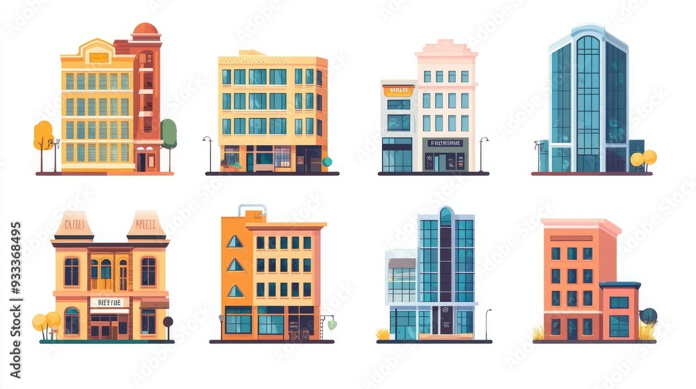 Naklejka premium Set of Colorful City Buildings with Different Facades.