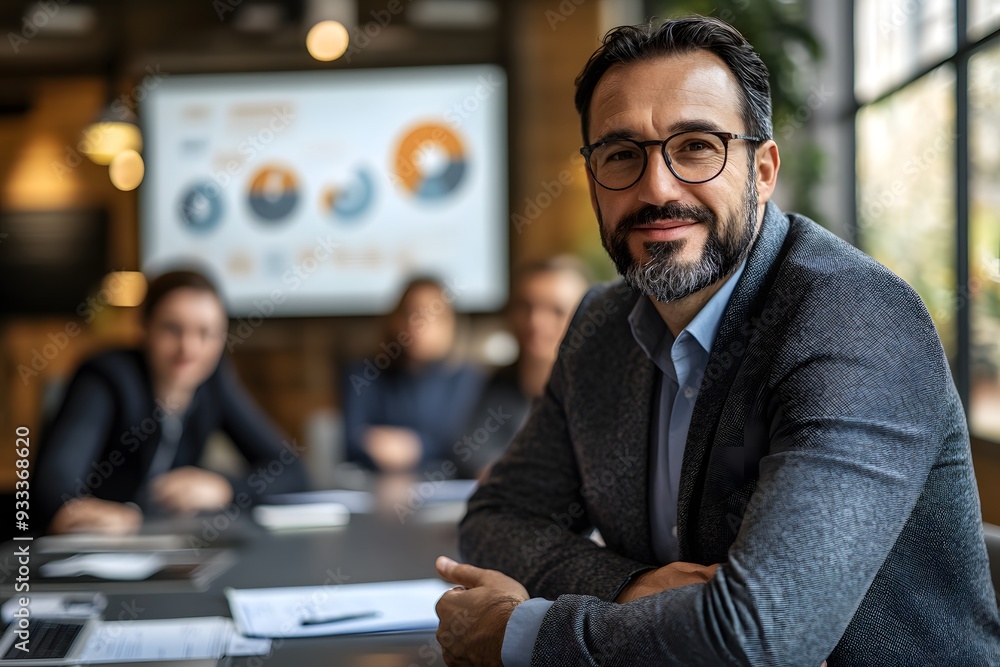 A seasoned executive exudes authority as he leads a business meeting, his team attentively engaged in the background. A seasoned executive exudes authority as he leads a business meeting, his team attentively engaged in the background.