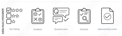 A set of 5 survey and ratings icons such as star rating, feedback, questionnaire