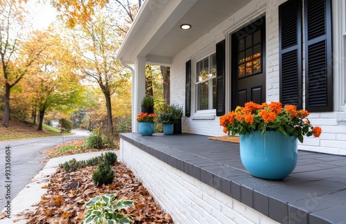 Charming autumn entrance to a home with decorative plants and fallen leaves
