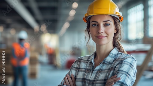 Portrait of a female engineer in a hard hat standing confidently on a construction site, symbolizing leadership and gender diversity in the construction industry.