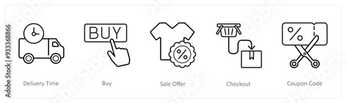 A set of 5 ecommerce and shopping icons such as delivery time, buy