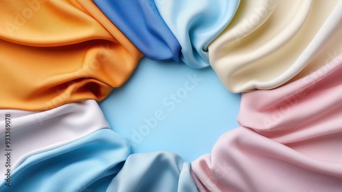 A vibrant arrangement of soft satin fabric in various pastel colors, forming a beautiful circular pattern against a light blue backdrop. photo