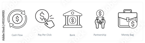 A set of 5 ecommerce and shopping icons such as cash flow, pay per click