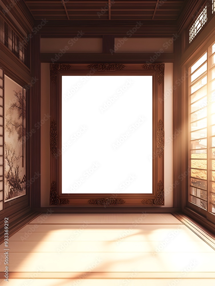 A tranquil showcasing a mockup of a beautifully carved ornamental wooden frame set against a softly illuminated traditional Japanese style interior with a tatami mat floor and Ukiyo e aesthetic A tranquil showcasing a mockup of a beautifully carved ornamental wooden frame set against a softly illuminated traditional Japanese style interior with a tatami mat floor and Ukiyo e aesthetic