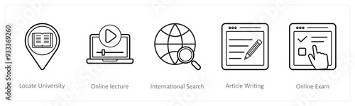 A set of 5 online education icons such as locate university, online lecture