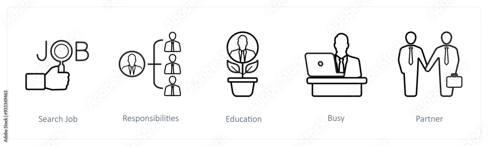 A set of 5 human resource icons such as search job, responsibilities, education A set of 5 human resource icons such as search job, responsibilities, education