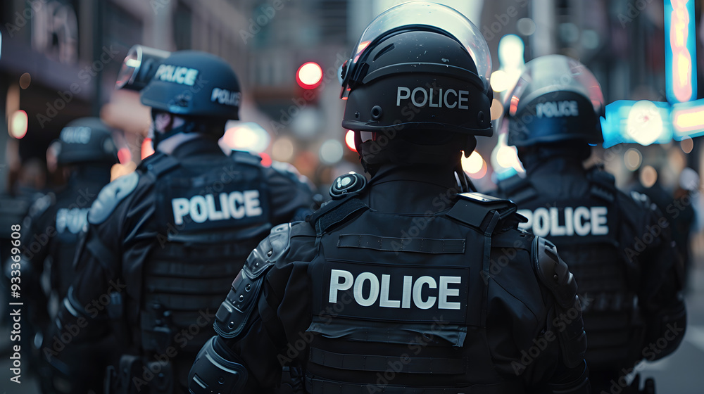 A group of police officers in full gear standing in formation during a public event or duty
A group of police officers in full gear standing in formation during a public event or duty