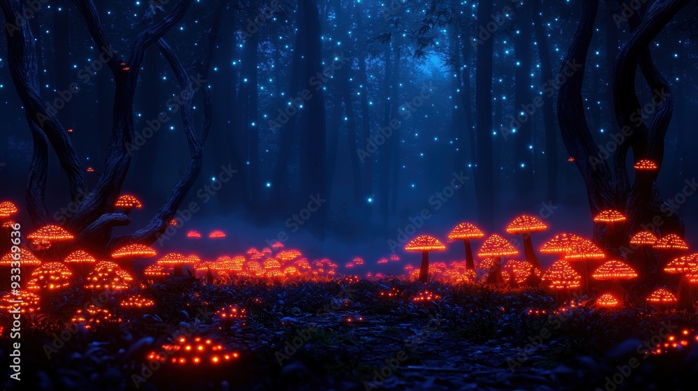 Enchanted Twilight Forest Clearing with Glowing Mushrooms and Twisted Trees - Atmospheric Fantasy Scene for Copy Space, Ultra HD Enchanted Twilight Forest Clearing with Glowing Mushrooms and Twisted Trees - Atmospheric Fantasy Scene for Copy Space, Ultra HD