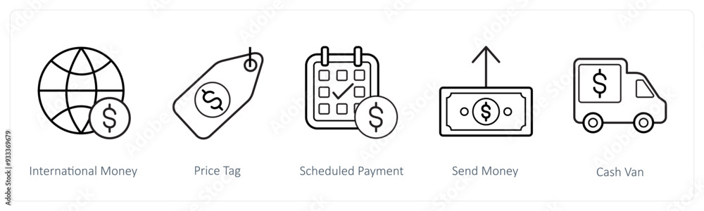 A set of 5 finance and money icons such as international money, price tag A set of 5 finance and money icons such as international money, price tag
