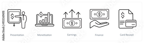 A set of 5 finance and money icons such as presentation, monetization