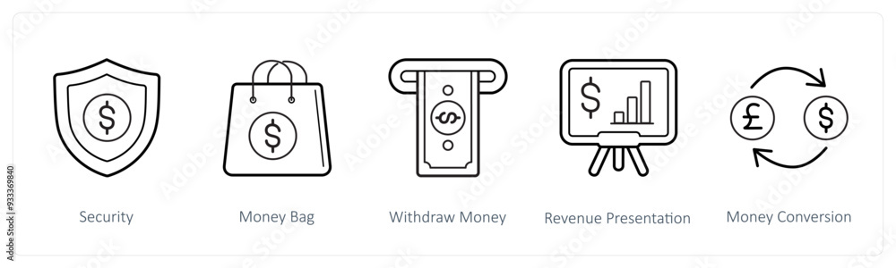 A set of 5 finance and money icons such as security, money bag, withdraw money