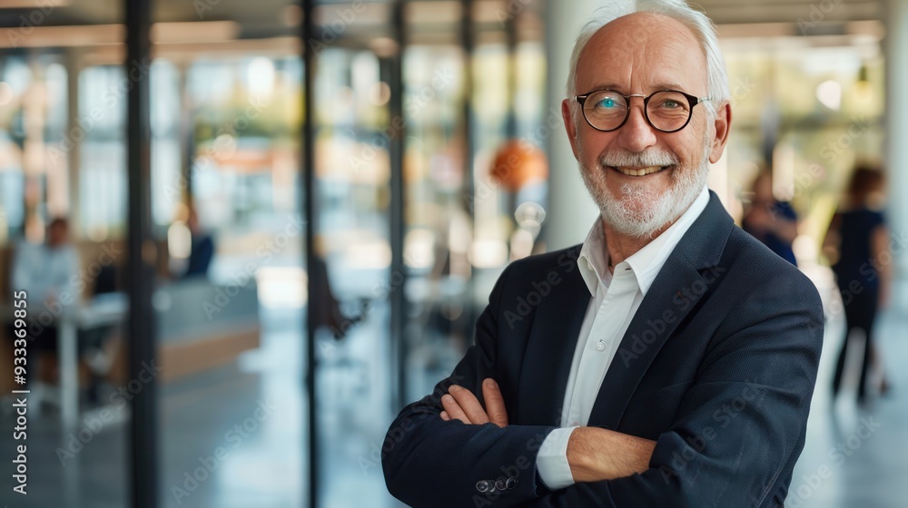 Professional portrait of a senior businessman with arms crossed, happy expression, modern office, blurred background people. Professional portrait of a senior businessman with arms crossed, happy expression, modern office, blurred background people.