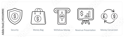 A set of 5 finance and money icons such as security, money bag, withdraw money
