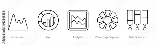 A set of 5 diagram and report icons such as impressions, bar, analytics