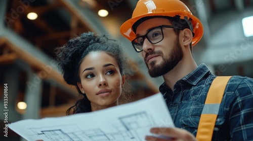 Two engineers closely examine building plans inside a construction site, ensuring that the design specifications are followed during the construction process. photo