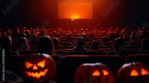 Eerie Haunted Theater Setting with Ghostly Audience and Flickering Projector, Copy Space. Selective Focus. Ultra HD Photo. photo