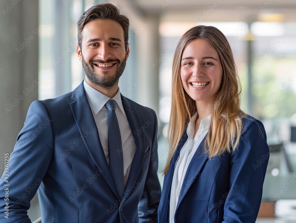 Professional portrait of a smiling business man and woman in modern office. Professional portrait of a smiling business man and woman in modern office.