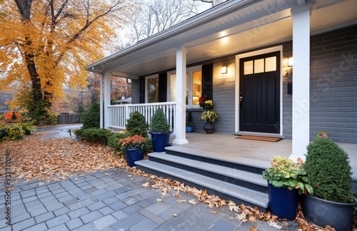Charming autumn entrance to a home with decorative plants and fallen leaves