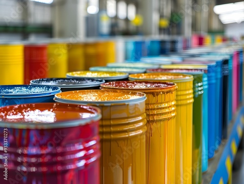 Colorful paint cans arranged in a neat row in a bright industrial warehouse during daylight photo