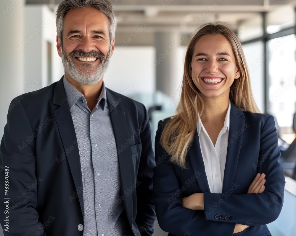 Professional portrait of a smiling business man and woman in sleek office environment. Professional portrait of a smiling business man and woman in sleek office environment.