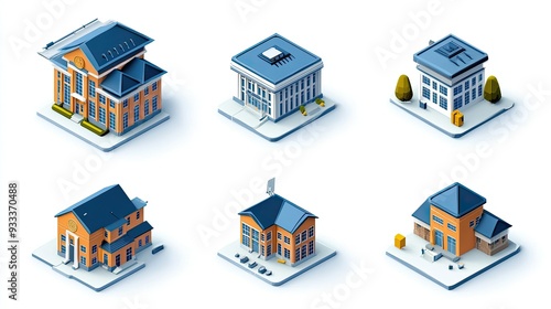 Six 3D model buildings with different colors, shapes, and features, isolated on a white background.